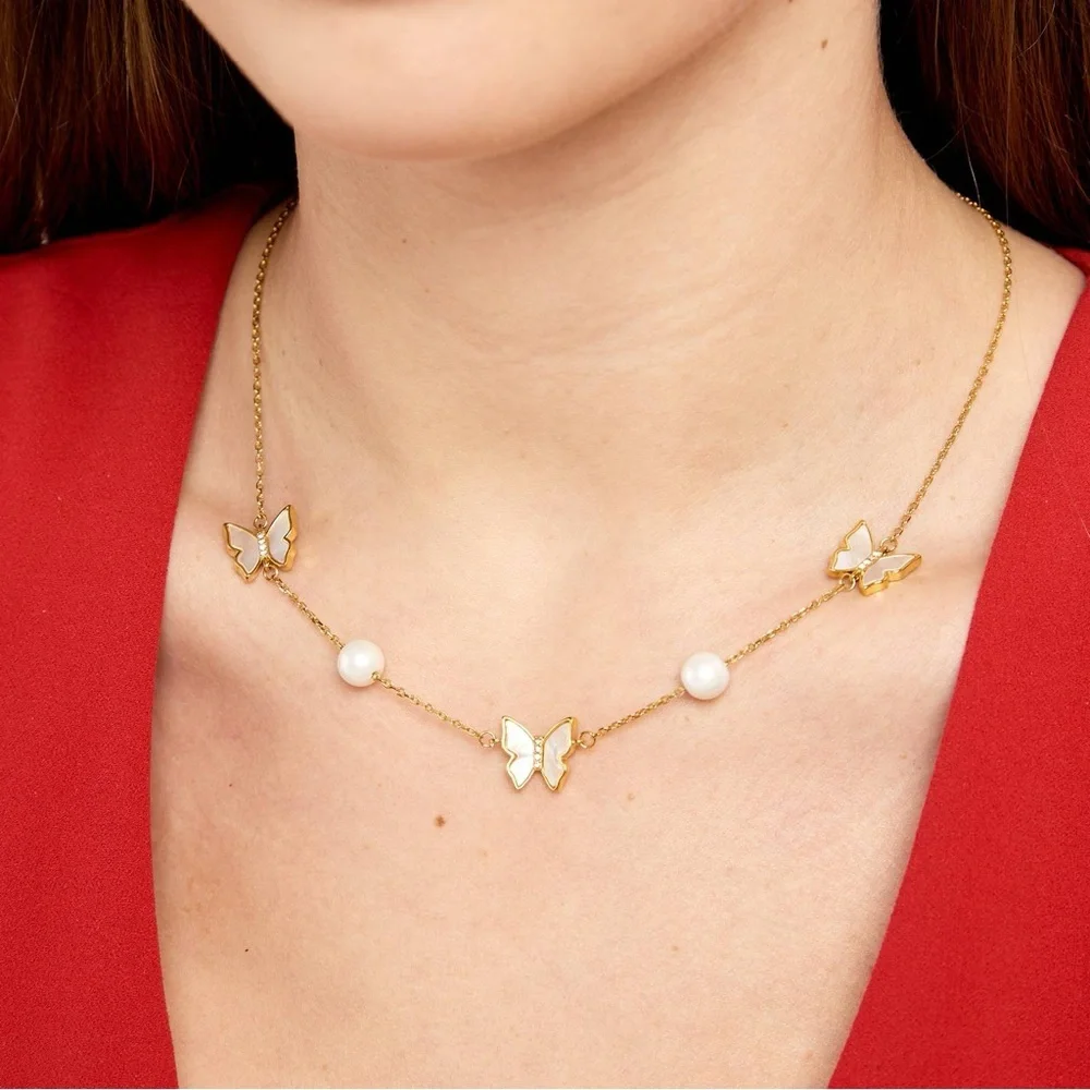 Gold Butterfly Necklace with Pearls - Picture 3 of 7